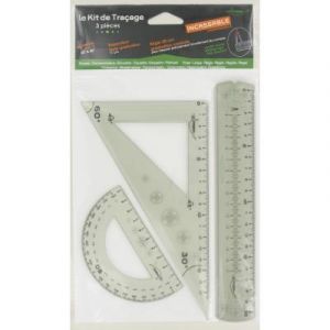 Kit de traçage 3 pièces (régle 20 cm + équerres 45 et 60 + 1 rapporteur) INCASSABLE