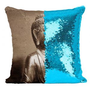 Fabulous Coussin avec Housse Sequin - Paillettes Turquoise Bouddha de Bronze Style Japonnais [40 x 40 cm]