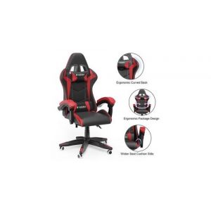 Fauteuil gamer - chaise gaming - siège de bureau réglable pivotant gaming racing - avec coussin et dossier inclinable - noir et rouge