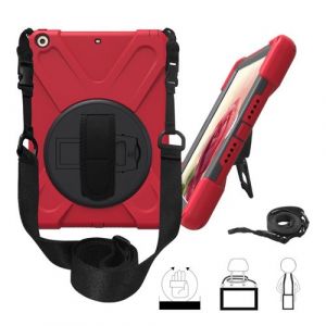 Coque en TPU forme de X combo pivotant sur 360 degrés avec la courroie de support de la main et une bandoulière rouge pour votre Apple iPad 9.7