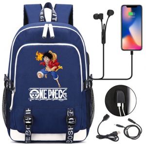 Sac &agrave; dos college One Piece avec port de chargement 44*15*30cm Poing de Feu Luffy - Bleu