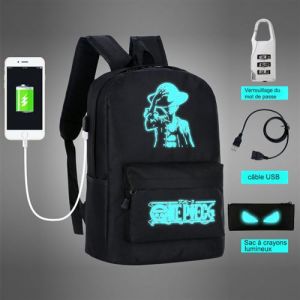 One Pièce Anime Lumineux sac à dos, Générique, Noir(Monkey D. Luffy ), 48*31*16cm, Avec port de charge USB et antivol antivol et étui à crayons