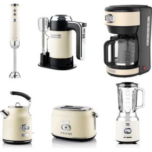 ENSEMBLE RETRO WESTINGHOUSE - Batteur &agrave; main - Mixeur plongeant + Blender + Bouilloire + Grille-pain 2 fentes + Cafeti&egrave;re - Blanc