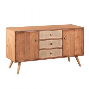 KESIAH - Buffet 2 portes 3 tiroirs en acacia finition teint&eacute; teck avec plaquage cannage - ASCOT