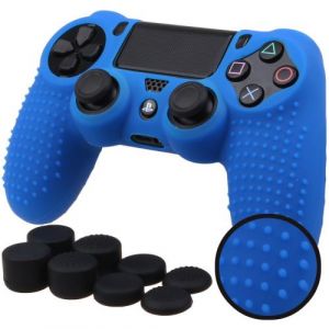 Coque de protection en silicone avec 8 caps pour manette PS4/Slim/Pro - Bleu