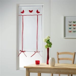 Store droit passe tringle 60 x 160 cm voile+top brode opaline Rouge