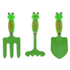 Set outils de jardinage enfant 3 pieces grenouille : pelle  rateau  fourche - metal - jardin & bac a sable