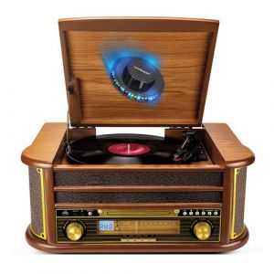 Tourne-Disque Evidence Acoustics EA-PL400 - Vinyle 33/45/78, 60W, FM, CD, Cassette, Bluetooth USB, REC, r&eacute;tro, Bois, LIGHT LED