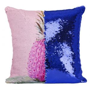 Fabulous Coussin avec Housse Sequin - Paillettes Bleu Ananas Rose sur Fond Rose [40 x 40 cm]