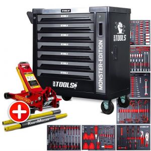 Servante d'atelier BM TOOLS 9/7 MONSTER-EDITION-GREY 7 tiroirs pleins 257 outils + Cric hydraulique Kraft Muller 2,25T ROUGE