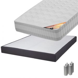 Pack Matelas 140x190 + Sommier Tapissier D&eacute;montable 2x20 Lattes Anthracites + Pieds Argent 15cm - TAHITI - ALTOBUY