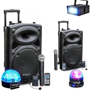 Pack Sono DJ Actif Amplifi&eacute; sur Batterie 1400W IBIZA SOUND Port-12VHF Mariage Karaok&eacute; Anniversaire, Soir&eacute;e, 3 Jeux de lumi&egrave;res