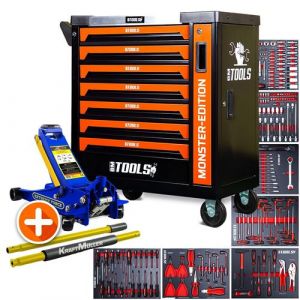 Servante d'atelier BM TOOLS 9/7 MONSTER-EDITION-ORANGE 7 tiroirs pleins 257 outils + Cric hydraulique Kraft Muller 2,25T Bleu