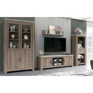 Ensemble de salon meuble TV, etagere murale, buffet, vitrine coloris chene truffe, blanc vieilli -PEGANE-