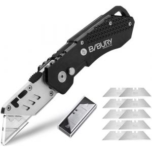 Bibury Cutter Professionnel Pliant, Couteau de Poche avec 10 SK5 Lames Supplémentaire, Couteau Professionnel en Acier inoxydable fourni Bouton de Déclenchement Rapide et Poignée Ergonomique - Noir