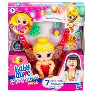 Hasbro - Baby Alive Glo Pixies Minis Carry 'n Care Necklace - F5845 - Poup&eacute;e 10cm + Accessoires paillet&eacute;s - Sweetie Sunshine