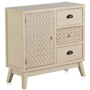 Commode en panneaux MDF coloris beige avec pieds en sapin massif - Longueur 76 x Hauteur 74 x Largeur 30 cm -JUANIO-
