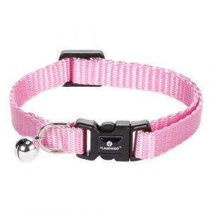 Collier r&eacute;glable de 19 &agrave; 30 cm. couleur rose avec clochette. pour chat