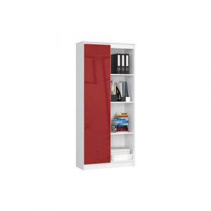 Biblioth&egrave;que de bureau AKORD R60 Blanche 80 cm 1 porte fa&ccedil;ade Rouge Brillante 8 &eacute;tag&egrave;res 80x35x180 cm