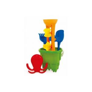Seau chateau fort 22cm + moulin a eau sable 35cm + moule + pelle + rateau - coloris aleatoire - set plage enfant + carte - jeux  jouets