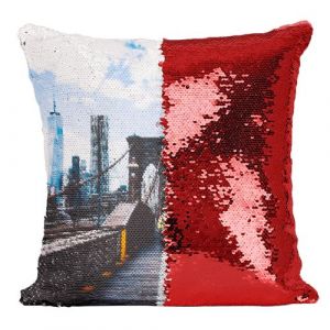 Fabulous Housse de Coussin &agrave; Sequin - Paillettes Rouge Pompier Traverse le Pont de Brooklyn [40 x 40 cm]