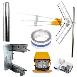 PACK  Antenne rateau + Kit Alimentation + Amplificateur de mat + Cerclage simple + Feuillard 5m + Mat 1m