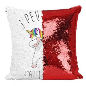 Fabulous Coussin avec Housse Sequin - Paillettes Rouge J'Peux Pas J'Ai Licorne Qui Dab [40 x 40 cm]
