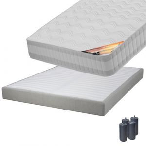 TAHITI - Pack Matelas 140x190 + Sommier Tapissier Démontable 2x20 Lattes Lin + Pieds Anthracites 15cm - Altobuy