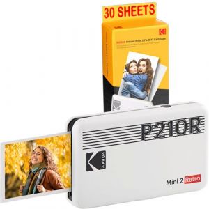 KODAK Pack Mini Imprimante P210 Retro 2 + Cartouche et papier pour 30 photos - Imprimante Connectee Bluetooth - Photos format CB 5,3 x 8,6 cm - Batterie Lithium - Sublimation Thermique 4Pass