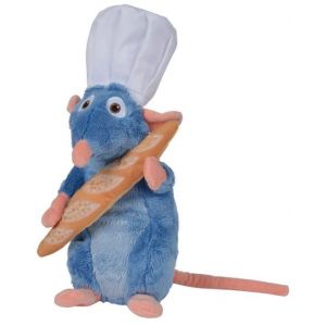 Peluche disney 33 cm : rat remy chef de cuisine avec baguette de pain - peluche licence ratatouille
