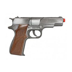 Pistolet police metal gris argent 17 cm  amorces 8 coups - jouet enfant policier - deguisement  imitation - set accessoire et carte