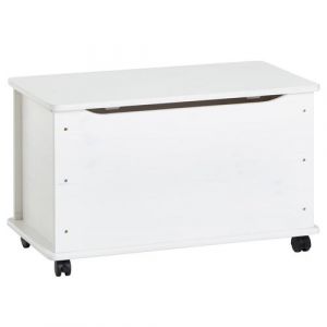 Coffre &agrave; jouets ELISA coffre de rangement malle rectangulaire avec abattant et 4 roulettes, en pin massif lasur&eacute; blanc