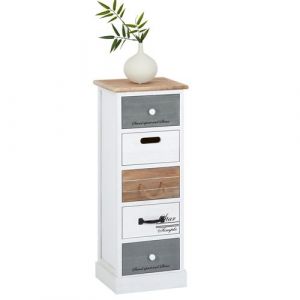 Chiffonnier SALVA H 77 cm en bois massif blanc, gris et brun 5 tiroirs commode petit meuble de rangement haut