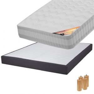 TAHITI - Pack Matelas 140x190 + Sommier Tapissier Démontable 2x20 Lattes Anthracites + Pieds Bois 15cm - Altobuy