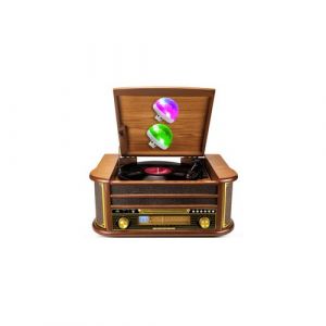 Tourne-Disque Evidence Acoustics - Vinyle 33/45/78, 60W, FM, CD, Cassette, Bluetooth USB, REC, r&eacute;tro, Bois, 2 Mini Lumi&egrave;res LED