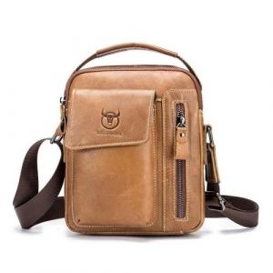 Sacoche Bandouliere Cuir Homme Avec Sangle Réglable-Jaune Brun