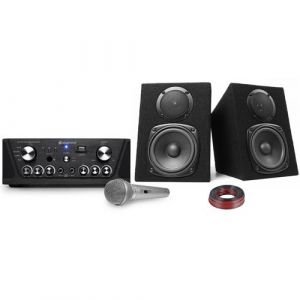 Amplificateur Skytronic karaok&eacute; USB/SD/FM 160W + Enceintes compactes 2x100W + Micro silver
