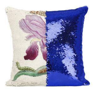 Fabulous Coussin avec Housse Sequin - Paillettes Bleu Iris Papillons Chenilles Illustration Botanique [40 x 40 cm]