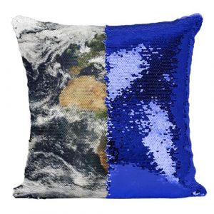 Fabulous Coussin avec Housse Sequin - Paillettes Bleu Carte du Monde Planisphere Photo Satellite [40 x 40 cm]