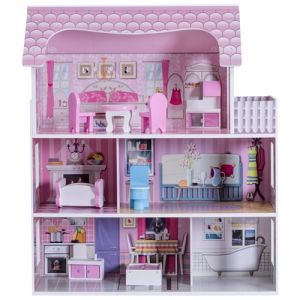 maison de poupée giantex rose 62 x 27 x 70cm en bois avec accessoires 3 étages et 5 pièces jouet d’imitation de meuble pour enfants