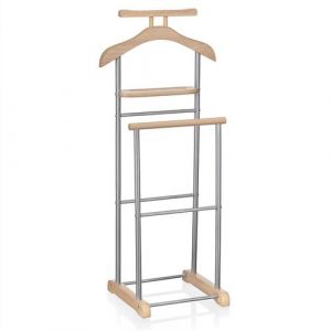 Valet de chambre MEDINA chevalet de nuit double portant pour v&ecirc;tements, en MDF d&eacute;cor ch&ecirc;ne sonoma et m&eacute;tal laqu&eacute; argent&eacute;