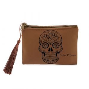 Porte monnaie et porte cles marron Taperso avec motif tete de mort mexicaine noire personnalisable