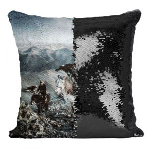 Fabulous Coussin avec Housse Sequin - Paillettes Noir 3 Chasseurs Altai Mongolie Aigles [40 x 40 cm]