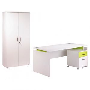 Pack Bureau 160 + Caisson 2 Tiroirs + Armoire Blanc Anis INEO - L 80 x l 160 x H 72 cm