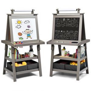 chevalet giantex café pour enfants 3 en 1 tableau de dessin magnétique double faces (tableau blanc + tableau noir) avec rouleau de papier