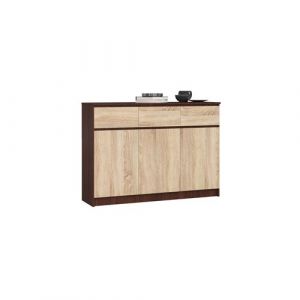 Commode AKORD K140 Wengé 138 cm 3 portes 3 tiroirs façade Chêne Sonoma 6 étagères 138x40x99 cm