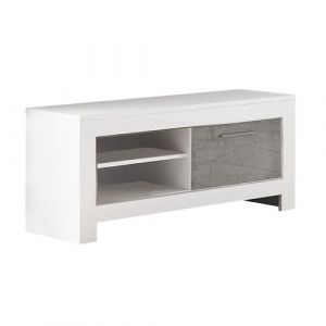 DENAE - Meuble TV 1 Porte L112cm Laqu&eacute; Blanc Brillant et Gris Marbr&eacute; - Altobuy