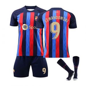 Lewandowski Maillot de Football #9 Enfant FONGWAN 2022/2023 Bar&ccedil;a Domicile Jersey Short et Chaussettes, Taille 18