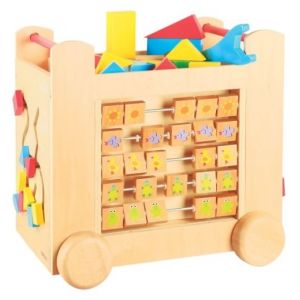 Grand chariot multi activite sur roulettes en bois 39 x 35 x 27 cm (lxlxh) - cube de marche - jouet bebe