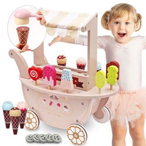Marchande Enfant Marchande Glace Bois, Roues, Poign&eacute;e & Accessoires, Chariot Jouet en Bois
